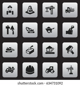 Set Of 16 Editable Building Icons. Includes Symbols Such As Spatula ,  Lifting Equipment, Hands. Can Be Used For Web, Mobile, UI And Infographic Design.