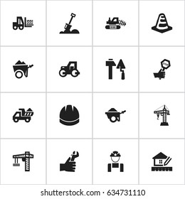 Set Of 16 Editable Building Icons. Includes Symbols Such As Truck, Elevator, Hardhat And More. Can Be Used For Web, Mobile, UI And Infographic Design.