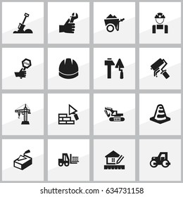 Set Of 16 Editable Building Icons. Includes Symbols Such As Notice Object , Home Scheduling, Hands. Can Be Used For Web, Mobile, UI And Infographic Design.