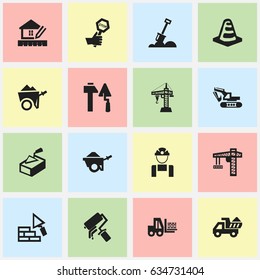 Set Of 16 Editable Building Icons. Includes Symbols Such As Elevator, Lifting Equipment, Home Scheduling And More. Can Be Used For Web, Mobile, UI And Infographic Design.
