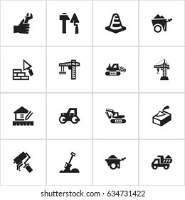 Set Of 16 Editable Building Icons. Includes Symbols Such As Construction Tools, Camion, Spatula And More. Can Be Used For Web, Mobile, UI And Infographic Design.