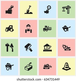 Set Of 16 Editable Building Icons. Includes Symbols Such As Lifting Equipment, Home Scheduling, Oar And More. Can Be Used For Web, Mobile, UI And Infographic Design.