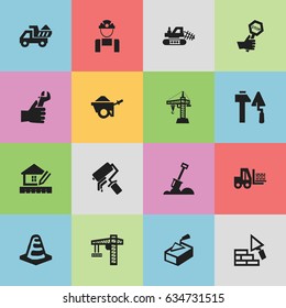 Set Of 16 Editable Building Icons. Includes Symbols Such As Hands , Home Scheduling, Truck. Can Be Used For Web, Mobile, UI And Infographic Design.