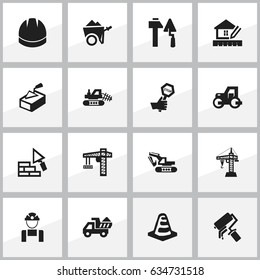 Set Of 16 Editable Building Icons. Includes Symbols Such As Elevator, Camion, Scrub And More. Can Be Used For Web, Mobile, UI And Infographic Design.