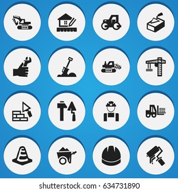 Set Of 16 Editable Building Icons. Includes Symbols Such As Notice Object , Hands , Excavation Machine. Can Be Used For Web, Mobile, UI And Infographic Design.