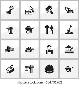 Set Of 16 Editable Building Icons. Includes Symbols Such As Handcart , Spatula , Excavation Machine. Can Be Used For Web, Mobile, UI And Infographic Design.