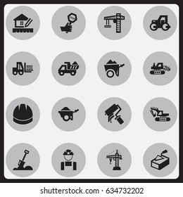 Set Of 16 Editable Building Icons. Includes Symbols Such As Spatula, Hardhat, Home Scheduling And More. Can Be Used For Web, Mobile, UI And Infographic Design.