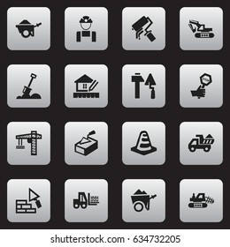 Set Of 16 Editable Building Icons. Includes Symbols Such As Mule, Excavation Machine, Camion And More. Can Be Used For Web, Mobile, UI And Infographic Design.