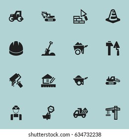 Set Of 16 Editable Building Icons. Includes Symbols Such As Hardhat, Caterpillar, Scrub And More. Can Be Used For Web, Mobile, UI And Infographic Design.