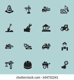 Set Of 16 Editable Building Icons. Includes Symbols Such As Elevator, Mule, Lifting Equipment And More. Can Be Used For Web, Mobile, UI And Infographic Design.
