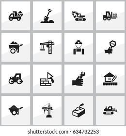 Set Of 16 Editable Building Icons. Includes Symbols Such As Endurance, Home Scheduling, Facing And More. Can Be Used For Web, Mobile, UI And Infographic Design.