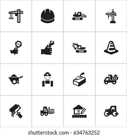 Set Of 16 Editable Building Icons. Includes Symbols Such As Home Scheduling, Spatula, Mule And More. Can Be Used For Web, Mobile, UI And Infographic Design.
