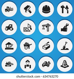 Set Of 16 Editable Building Icons. Includes Symbols Such As Lifting Equipment, Home Scheduling, Handcart. Can Be Used For Web, Mobile, UI And Infographic Design.