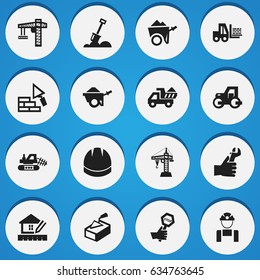Set Of 16 Editable Building Icons. Includes Symbols Such As Hands , Handcart , Endurance. Can Be Used For Web, Mobile, UI And Infographic Design.