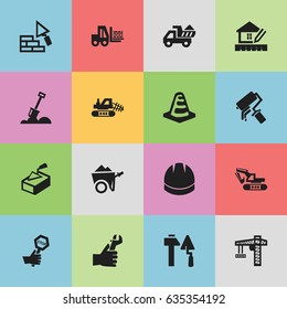 Set Of 16 Editable Building Icons. Includes Symbols Such As Hardhat , Construction Tools, Hands. Can Be Used For Web, Mobile, UI And Infographic Design.