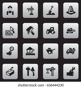Set Of 16 Editable Building Icons. Includes Symbols Such As Endurance, Construction Tools, Camion And More. Can Be Used For Web, Mobile, UI And Infographic Design.