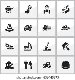 Set Of 16 Editable Building Icons. Includes Symbols Such As Endurance, Mule, Camion And More. Can Be Used For Web, Mobile, UI And Infographic Design.