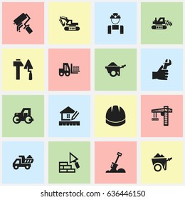 Set Of 16 Editable Building Icons. Includes Symbols Such As Lifting Equipment, Handcart , Hardhat. Can Be Used For Web, Mobile, UI And Infographic Design.