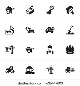 Set Of 16 Editable Building Icons. Includes Symbols Such As Scrub, Handcart , Endurance. Can Be Used For Web, Mobile, UI And Infographic Design.