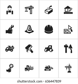 Set Of 16 Editable Building Icons. Includes Symbols Such As Endurance, Spatula, Construction Tools And More. Can Be Used For Web, Mobile, UI And Infographic Design.