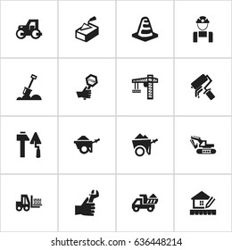 Set Of 16 Editable Building Icons. Includes Symbols Such As Handcart , Scrub, Truck. Can Be Used For Web, Mobile, UI And Infographic Design.