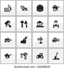 Set Of 16 Editable Building Icons. Includes Symbols Such As Home Scheduling, Excavation Machine, Construction Tools And More. Can Be Used For Web, Mobile, UI And Infographic Design.
