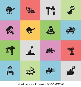 Set Of 16 Editable Building Icons. Includes Symbols Such As Hands , Mule, Scrub. Can Be Used For Web, Mobile, UI And Infographic Design.