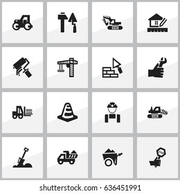 Set Of 16 Editable Building Icons. Includes Symbols Such As Hands ,  Lifting Equipment, Excavation Machine. Can Be Used For Web, Mobile, UI And Infographic Design.