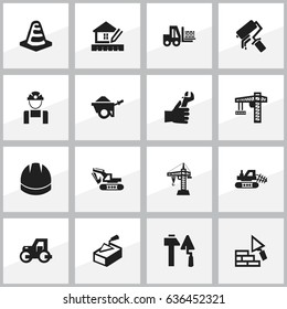 Set Of 16 Editable Building Icons. Includes Symbols Such As Trolley, Notice Object, Truck And More. Can Be Used For Web, Mobile, UI And Infographic Design.