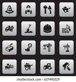 Set Of 16 Editable Building Icons. Includes Symbols Such As Scrub, Spatula, Oar And More. Can Be Used For Web, Mobile, UI And Infographic Design.