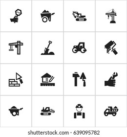 Set Of 16 Editable Building Icons. Includes Symbols Such As Home Scheduling, Trolley, Scrub And More. Can Be Used For Web, Mobile, UI And Infographic Design.