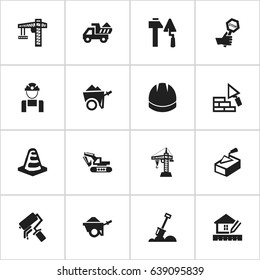 Set Of 16 Editable Building Icons. Includes Symbols Such As Facing, Lifting Equipment, Excavation Machine And More. Can Be Used For Web, Mobile, UI And Infographic Design.