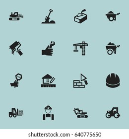Set Of 16 Editable Building Icons. Includes Symbols Such As Lifting Equipment, Facing, Scrub And More. Can Be Used For Web, Mobile, UI And Infographic Design.