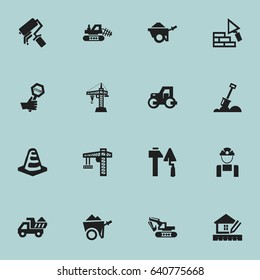 Set Of 16 Editable Building Icons. Includes Symbols Such As Handcart , Construction Tools, Trolley. Can Be Used For Web, Mobile, UI And Infographic Design.