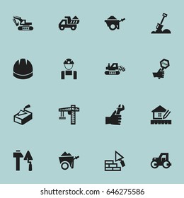Set Of 16 Editable Building Icons. Includes Symbols Such As Home Scheduling, Mule, Excavation Machine And More. Can Be Used For Web, Mobile, UI And Infographic Design.