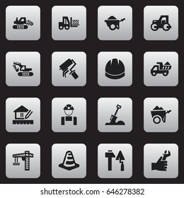 Set Of 16 Editable Building Icons. Includes Symbols Such As Mule, Scrub, Hands. Can Be Used For Web, Mobile, UI And Infographic Design.