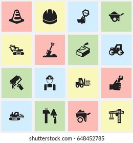 Set Of 16 Editable Building Icons. Includes Symbols Such As Truck, Oar, Lifting Equipment And More. Can Be Used For Web, Mobile, UI And Infographic Design.