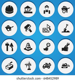 Set Of 16 Editable Building Icons. Includes Symbols Such As Camion, Trolley, Construction Tools And More. Can Be Used For Web, Mobile, UI And Infographic Design.