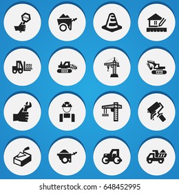 Set Of 16 Editable Building Icons. Includes Symbols Such As Caterpillar, Notice Object , Handcart. Can Be Used For Web, Mobile, UI And Infographic Design.