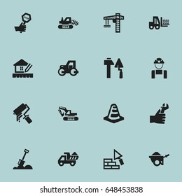 Set Of 16 Editable Building Icons. Includes Symbols Such As Facing, Scrub, Caterpillar And More. Can Be Used For Web, Mobile, UI And Infographic Design.