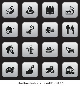 Set Of 16 Editable Building Icons. Includes Symbols Such As Facing, Camion, Excavation Machine And More. Can Be Used For Web, Mobile, UI And Infographic Design.