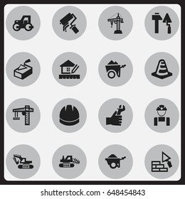 Set Of 16 Editable Building Icons. Includes Symbols Such As Excavation Machine, Hardhat, Notice Object And More. Can Be Used For Web, Mobile, UI And Infographic Design.