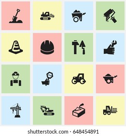 Set Of 16 Editable Building Icons. Includes Symbols Such As Caterpillar, Truck, Scrub And More. Can Be Used For Web, Mobile, UI And Infographic Design.