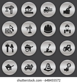 Set Of 16 Editable Building Icons. Includes Symbols Such As Trolley, Construction Tools, Employee And More. Can Be Used For Web, Mobile, UI And Infographic Design.