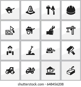 Set Of 16 Editable Building Icons. Includes Symbols Such As Caterpillar, Lifting Equipment, Scrub And More. Can Be Used For Web, Mobile, UI And Infographic Design.