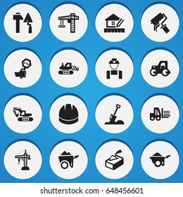 Set Of 16 Editable Building Icons. Includes Symbols Such As Oar, Hardhat, Construction Tools And More. Can Be Used For Web, Mobile, UI And Infographic Design.