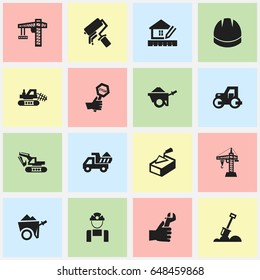 Set Of 16 Editable Building Icons. Includes Symbols Such As Mule, Hardhat, Oar And More. Can Be Used For Web, Mobile, UI And Infographic Design.