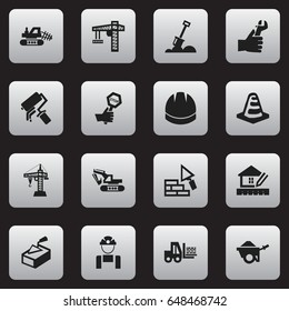 Set Of 16 Editable Building Icons. Includes Symbols Such As Home Scheduling, Notice Object, Spatula And More. Can Be Used For Web, Mobile, UI And Infographic Design.