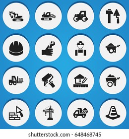 Set Of 16 Editable Building Icons. Includes Symbols Such As Camion , Handcart , Excavation Machine. Can Be Used For Web, Mobile, UI And Infographic Design.