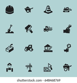 Set Of 16 Editable Building Icons. Includes Symbols Such As Hardhat, Trolley, Caterpillar And More. Can Be Used For Web, Mobile, UI And Infographic Design.